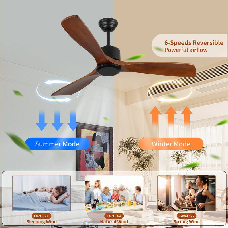 52" Wood Ceiling Fan No Light, 3 Reversible Blades, With 6 Speeds Reversible Dc Motor,Low Profile Ceiling Fan With No Light