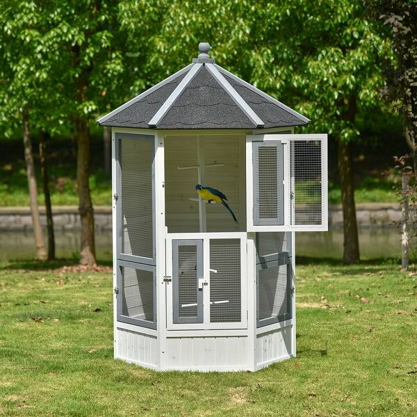 slide 1 of 8, PawHut 72" Aviary Bird Cage, Large Wooden Bird Home Includes Perches, Lockable Doors, Budgie, Canary, Cockatiel