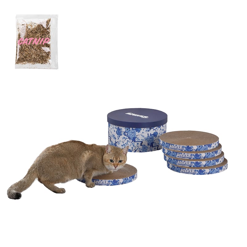 Kate 12" Modern Patterned Cardboard Reversible Cat Scratcher Pad In Box with Catnip, Blue/White (5-Pack)