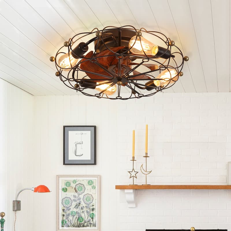 Low Profile Caged Ceiling Fan with Lights Remote Control, Embedded modern industrial ceiling fan - Black