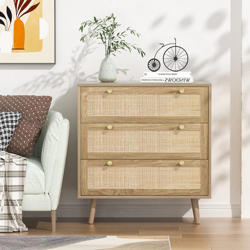 3-Drawer Rattan Dresser Modern Boho Chest of Drawers with Spacious Storage for Bedroom