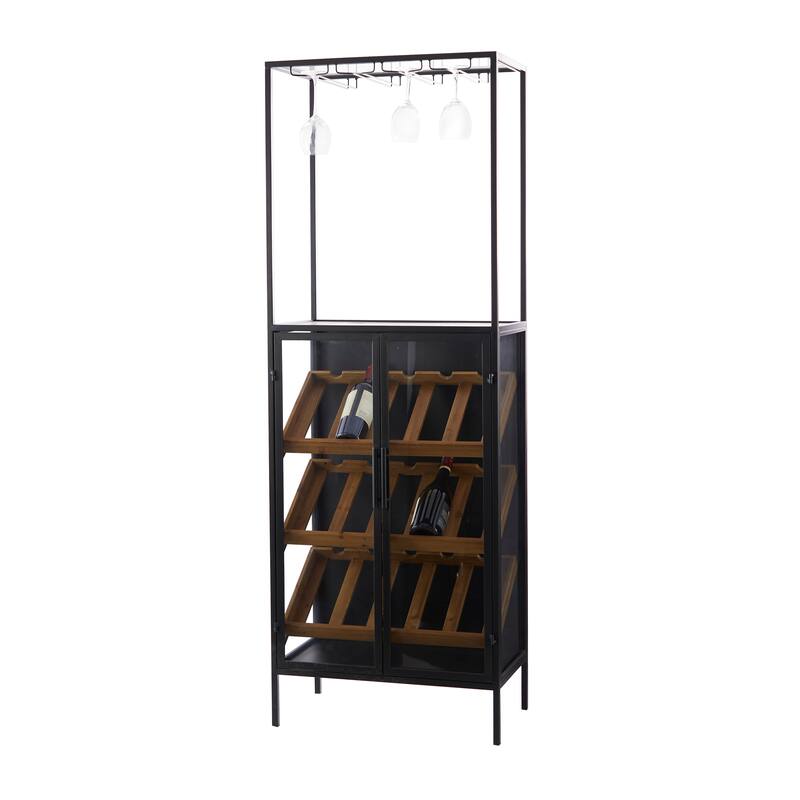 Black Wood 15 Bottle Storage Standing Wine Rack with Wine Glass Holders and Wood Accents