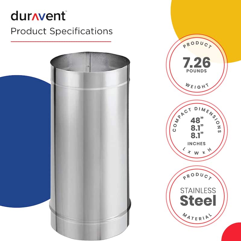DuraVent DuraBlack 48 x 8 Inch Stainless Steel Single Wall Stove Pipe, Silver - 7.26