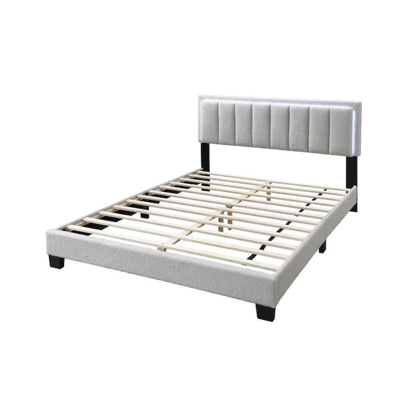 Zemo Queen Size Bed, LED Headboard, Tufted Light Gray Wool Upholstery