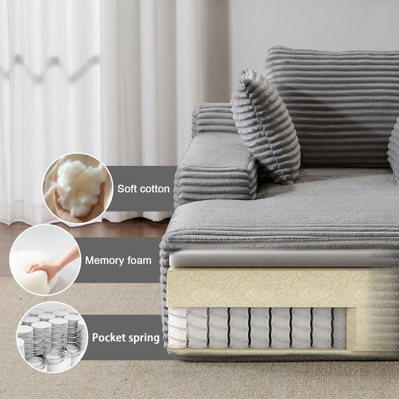 Oversized Corduroy Chaise Lounge Sleeper Sofa with 3 Pillows Wide Armrest No Assembly Grey