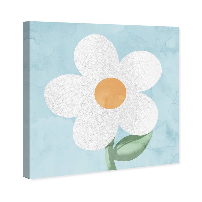 Wynwood Studio Canvas Floral and Botanical Daisy Sequins White and Pastel Blue Modern & Contemporary Wall Art Canvas Print