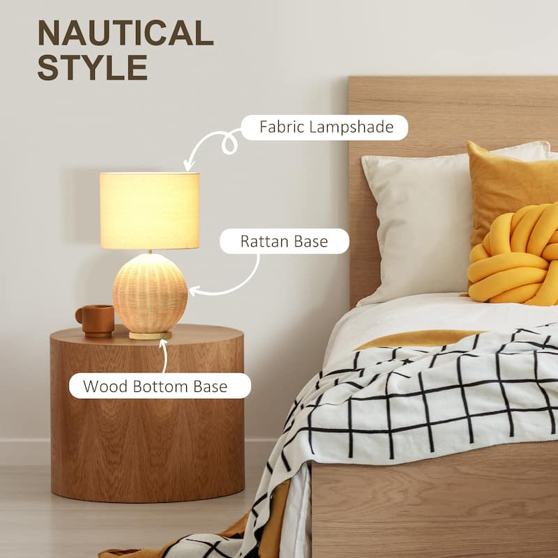 HOMCOM Nautical Style Table Lamp, Bedside Reading Light with White Fabric Lampshade and Rattan Base for E26 LED or Halogen Bulb