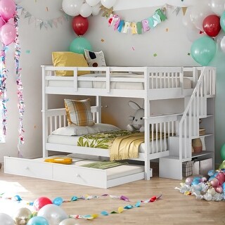 Modern Full Over Full Bunk Bed With Twin size Trundle,Storage and Guard Rail,Solid Construction