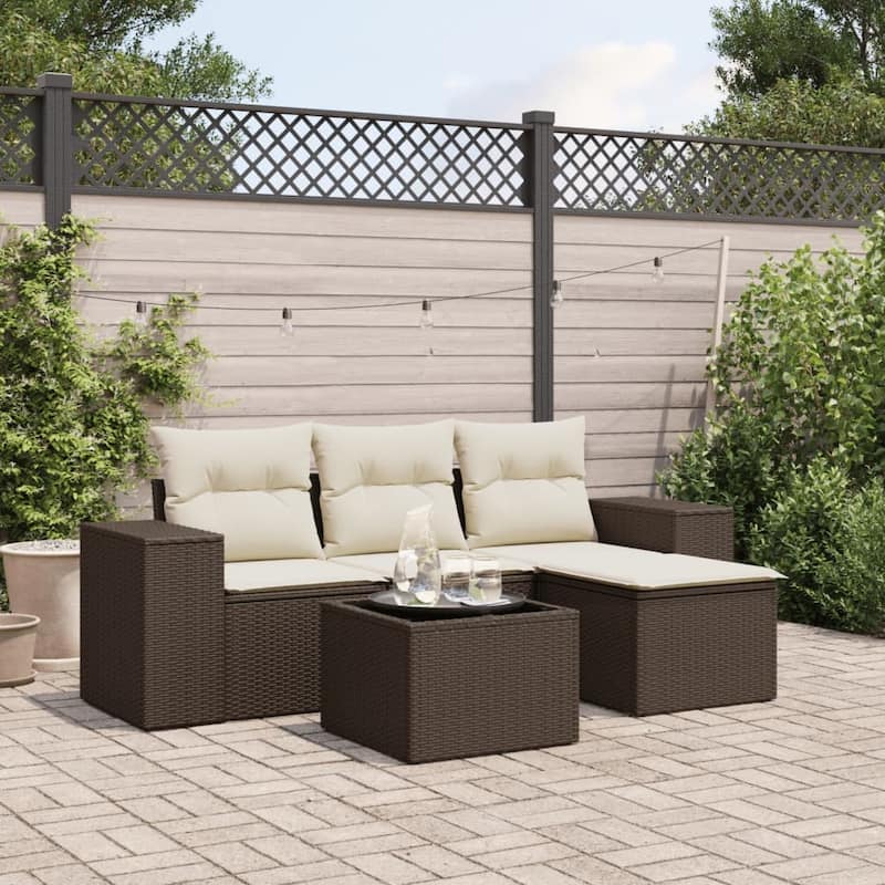 vidaXL Patio Sofa Set with Cushions Outdoor Conversation Furniture Poly Rattan - 21.7 x 21.7 x 14.6 - Brown and cream with table