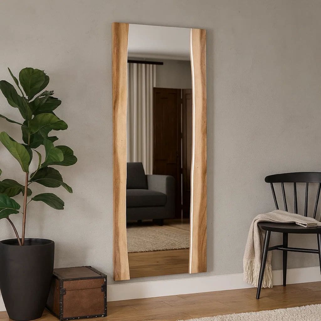 Floor Mirror with Wooden Frame and Live Edge Details, Brown