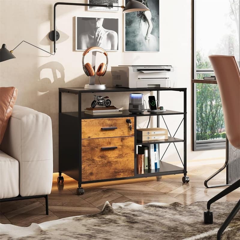 2 Drawer Locking File Cabinet with Charging Station - 15.7"D x 31.7"W x 26.1"H