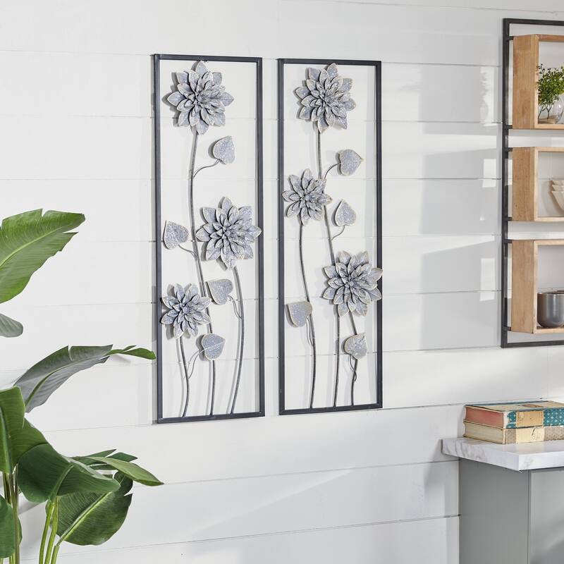 Metal Floral Home Wall Decor with Black Frame - Set of 2 Gray - Roche River Decor