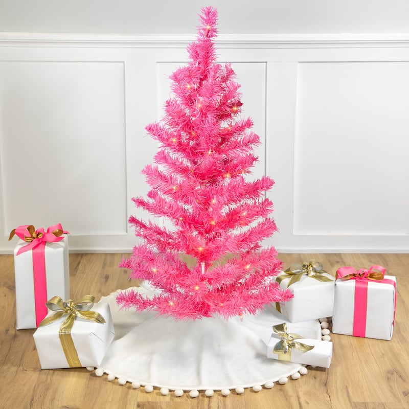 Pre-Lit Tinsel Artificial Christmas Tree - 3' - Pink - Clear Lights - 3 Foot