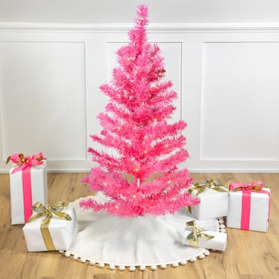 Pre-Lit Tinsel Artificial Christmas Tree - 3' - Pink - Clear Lights - 3 Foot