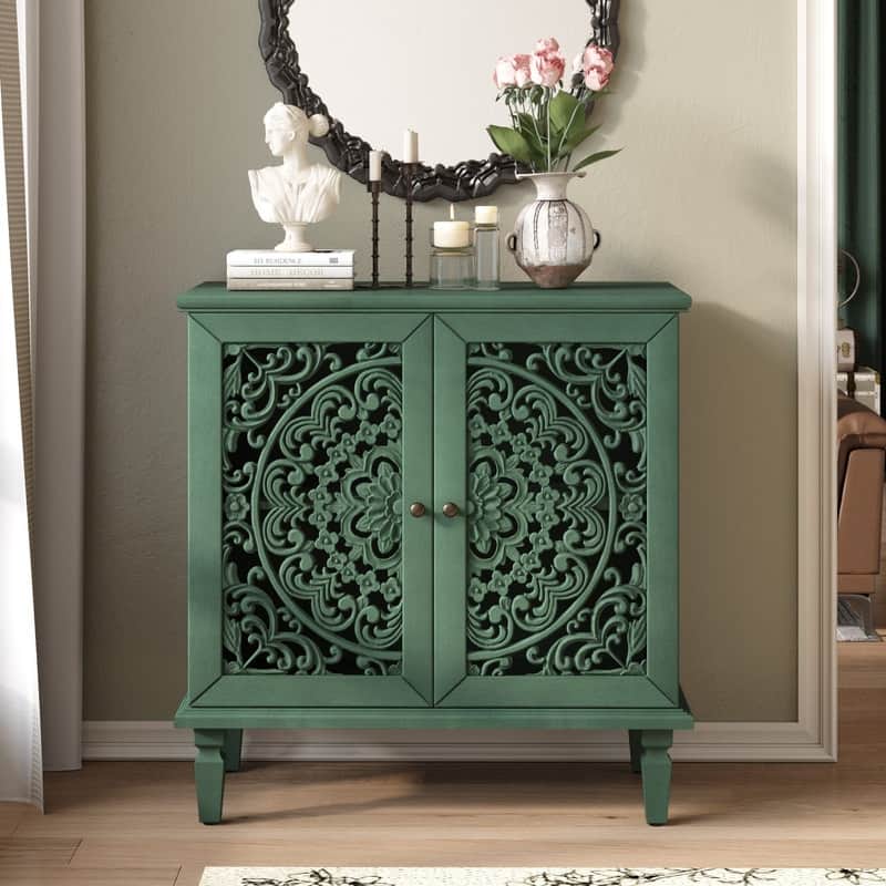 2-Door Vintage Hollow-Carved Accent Cabinet with Symmetrical Floral Design and Adjustable Storage Shelf