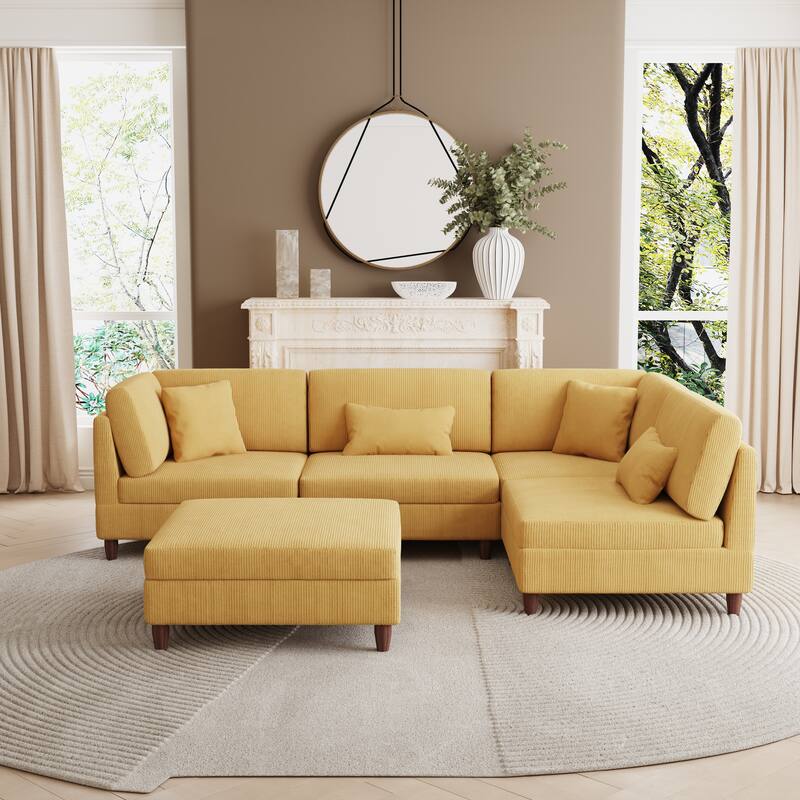 Corduroy Convertible Couch Modular Sectional Sofa with Ottoman
