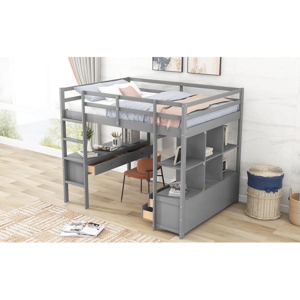 slide 2 of 17, Full Size Wood Loft Bed with Built-in Desk,Storage Shelves and Drawers,Concise Design Gray