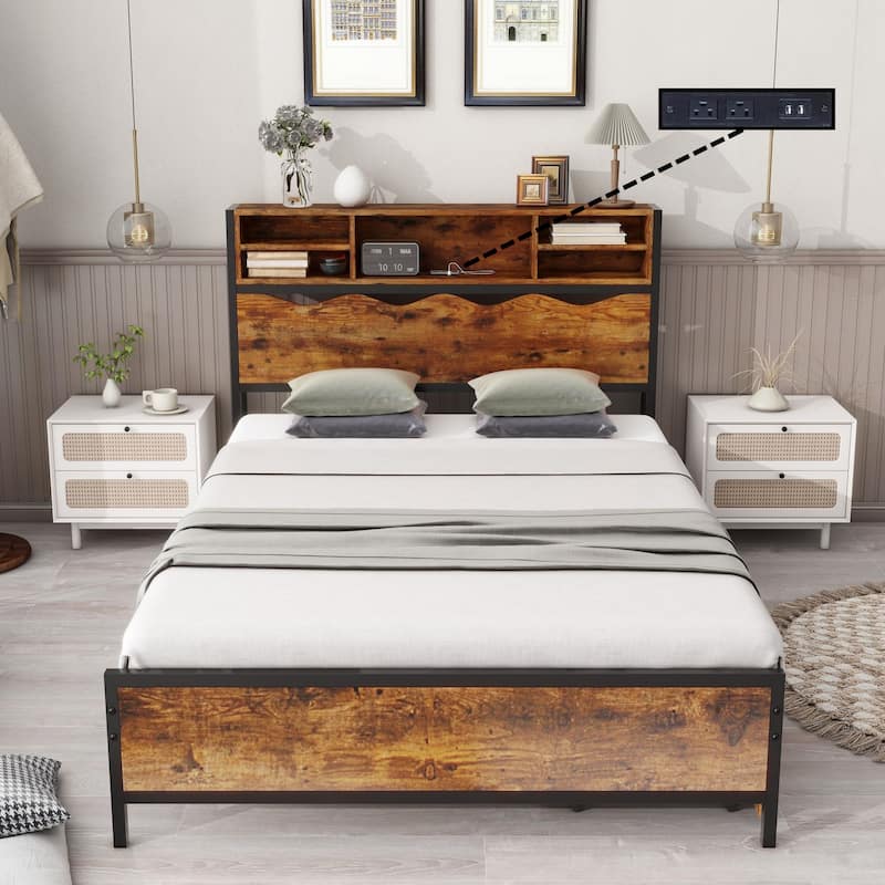 Storage Bed Frame Bookcase with Drawers + USB Ports - Full