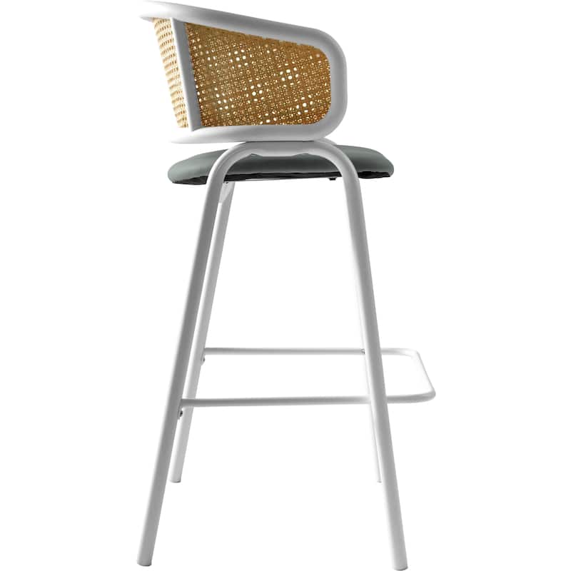 LeisureMod Ervilla Modern Wicker Leather Bar Stool with Curved Back & White Stainless Steel Frame for Home & Kitchen