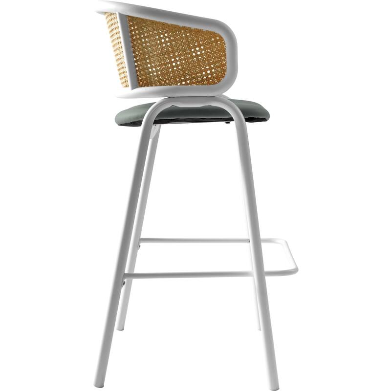 LeisureMod Ervilla Set of 2 Modern Wicker Leather Bar Stool with Curved Back & White Steel Frame for Home Office Dining Room