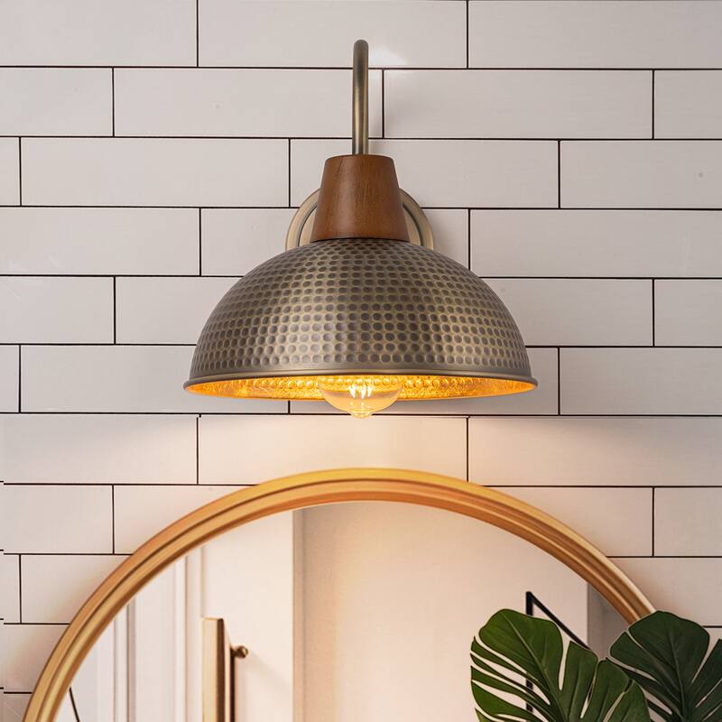 Farmhouse Industrial 1-Light Wall Sconce with Hammered Metal Shade Barn Outdoor Light - W10.24"