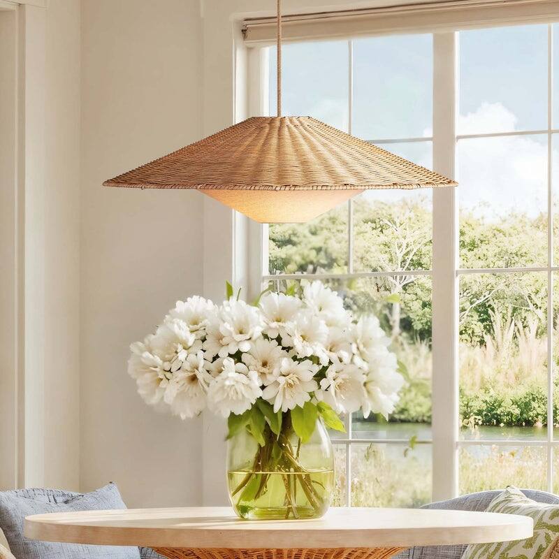 Sunny Rattan Pendant Light - Natural Large Cone 1-Light Handwoven Light Fixture For Modern, Transitional, Farmhouse Room Décor