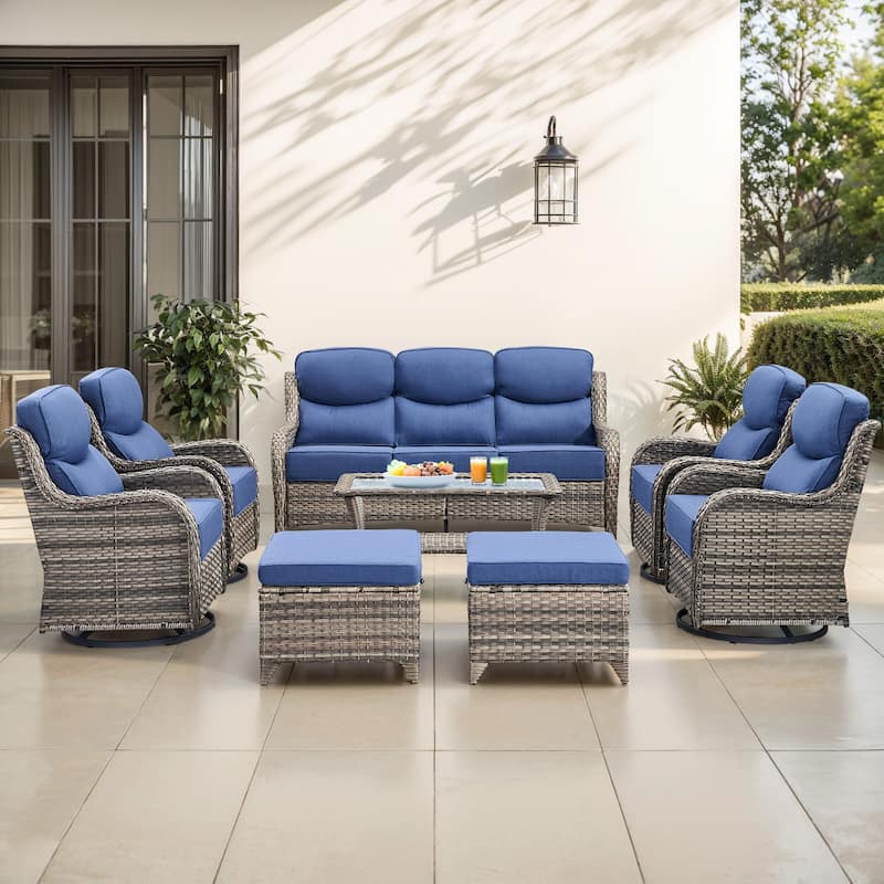 Gymojoy 8-Piece Patio Furniture Set with Swivel Glider Chairs, 6-Inch Ultra-Plush Cushions & Water-Resistant Olefin Fabric - Grey Wicker / Blue Cusion - 8-Piece