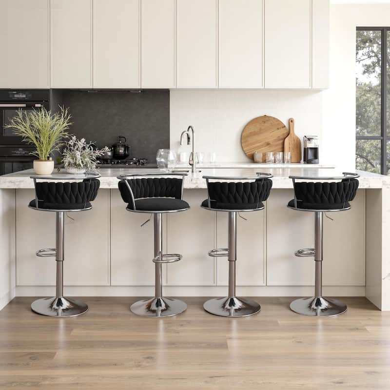 4 Set Modern Velvet Adjustable Swivel Bar Stools with Metal Frame - Silver/Black
