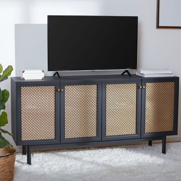 slide 2 of 14, SAFAVIEH Piran 63-inch 4-Door Storage Media TV Stand - 63.1" W x 16.3" D x 31.7" H Black/Gold