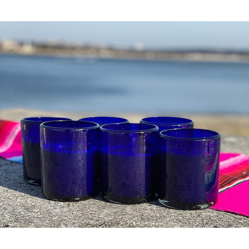 Dos Sueños Hand Blown Mexican Drinking Glasses - Set of 6 Cobalt Tumbler Glasses (10 oz each)