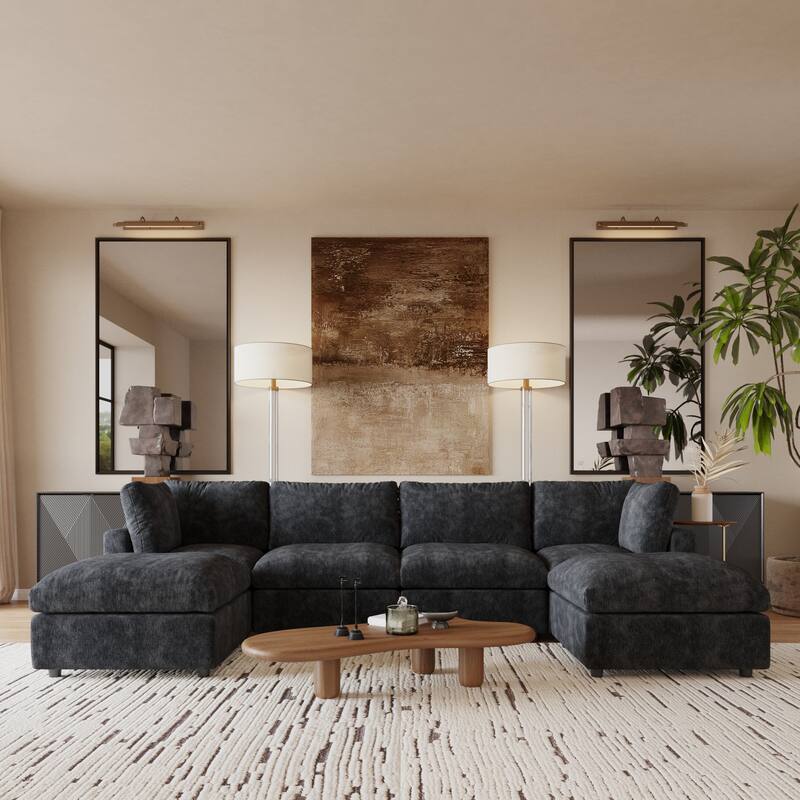 Cloud Couch Modular Sectional Sofa, 134" U Shaped Couch for Livingroom, Oversized Convertible Wide Seater with 2 Ottomans - Black