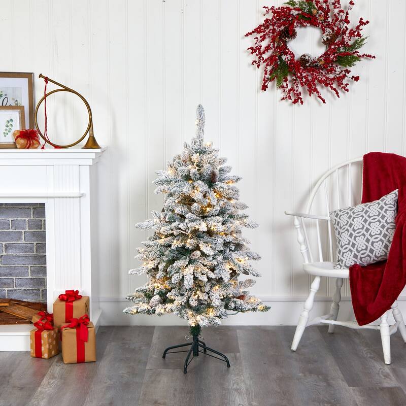 4ft Artificial Christmas Tree - Prelit Flocked Fir Tree with Warm Lights & Pine Cones - White - 48
