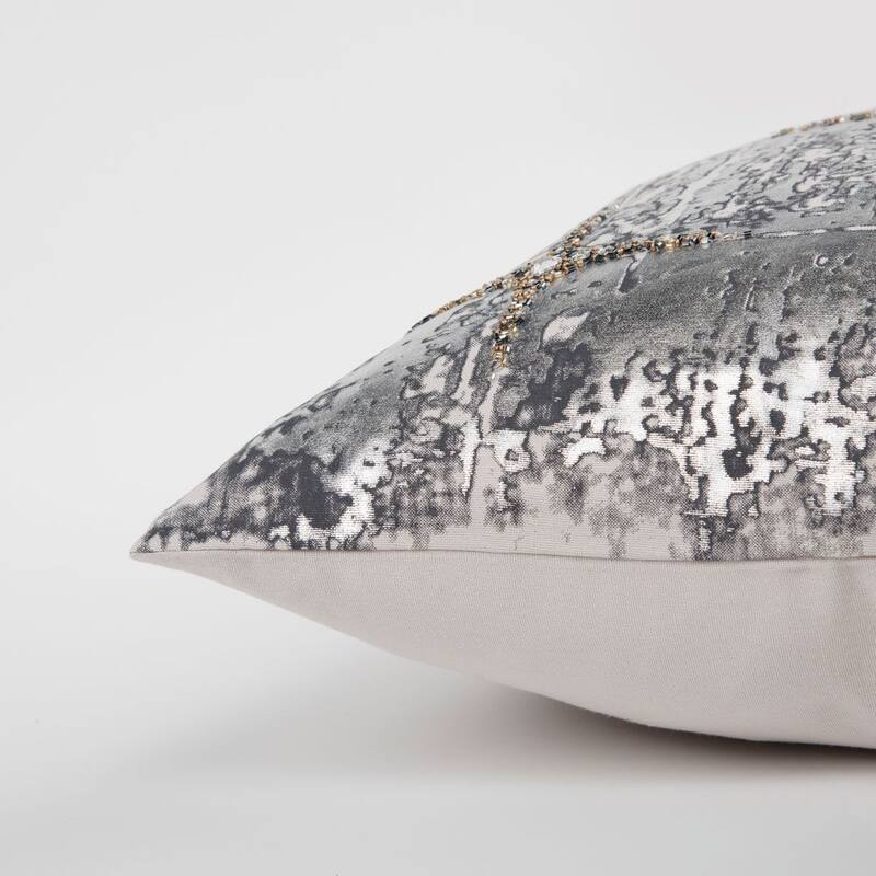 Rizzy Home Silver, Gold and Charcoal Hand-beaded Abstract Throw Pillow