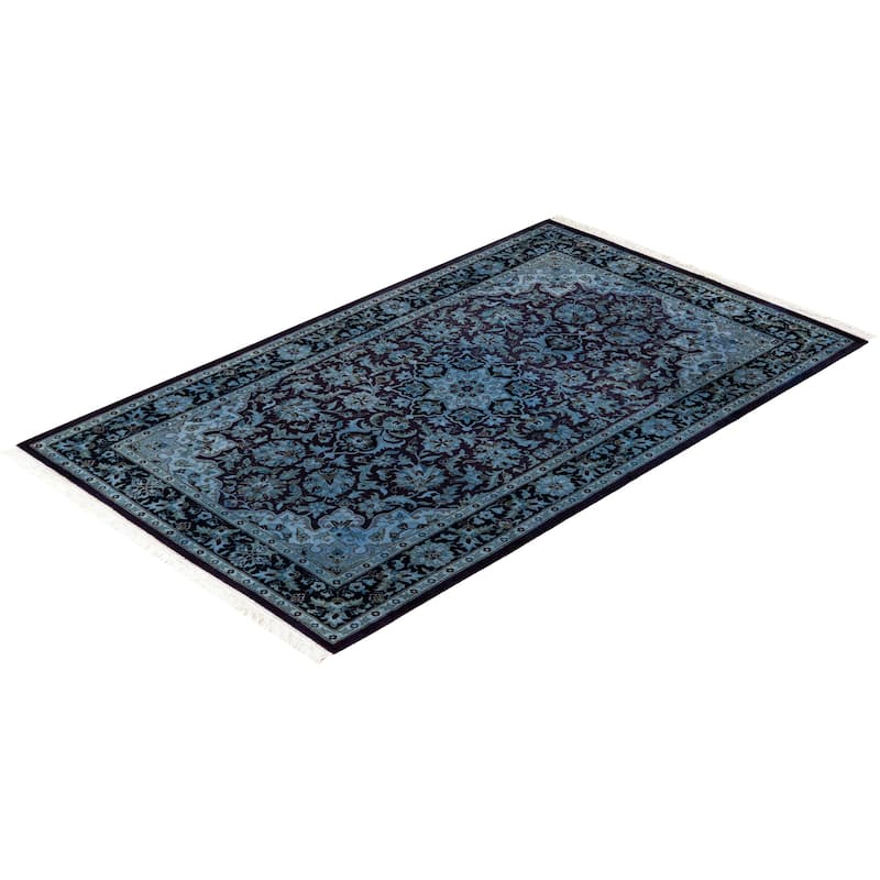 Overton Hand Knotted Wool Vintage Inspired Modern Contemporary Overdyed Blue Area Rug - 3' 3" x 5' 3"