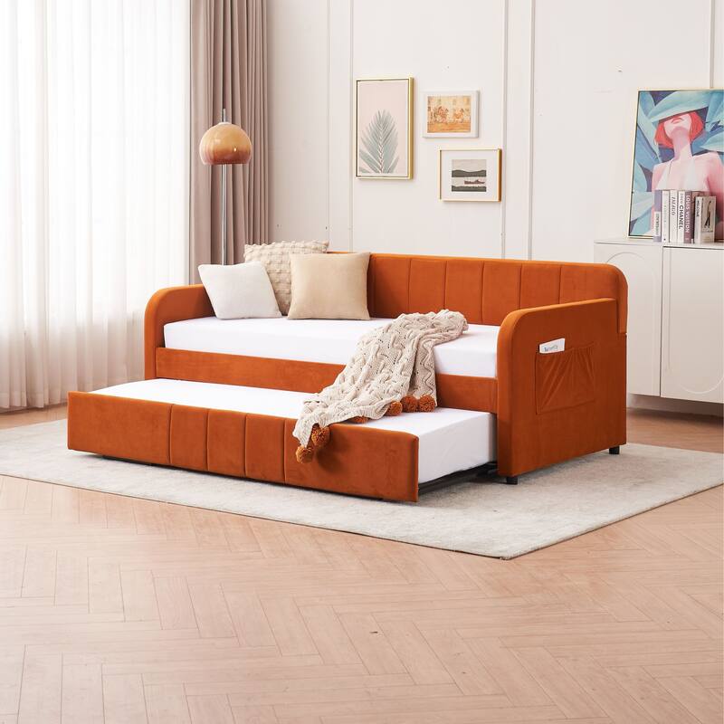 Twin Daybed with Trundle, Upholstered Velvet Frame, Space Saving Daybed Bed for Guest Room