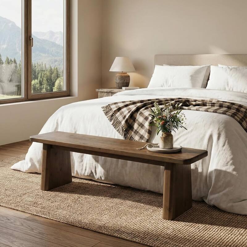 55.1" Solid Wood Entryway Bench, Rustic Bench Indoor for End of Bed, Dining Table, Mudroom, Hallway