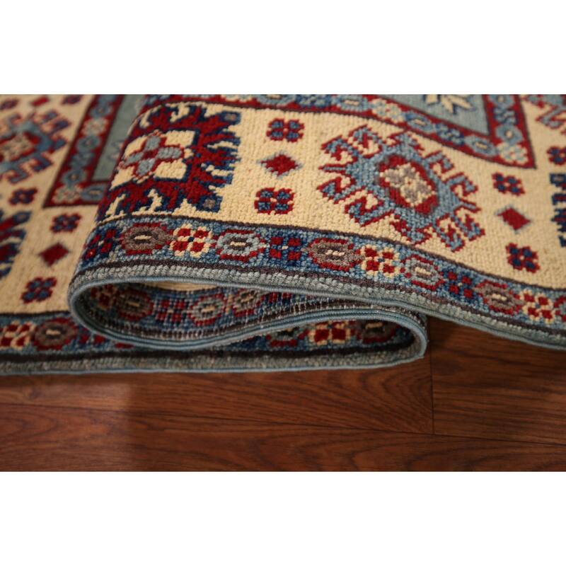 Light Blue Geometric Kazak Accent Rug Hand-Knotted Wool Carpet - 2'7" x 4'3"