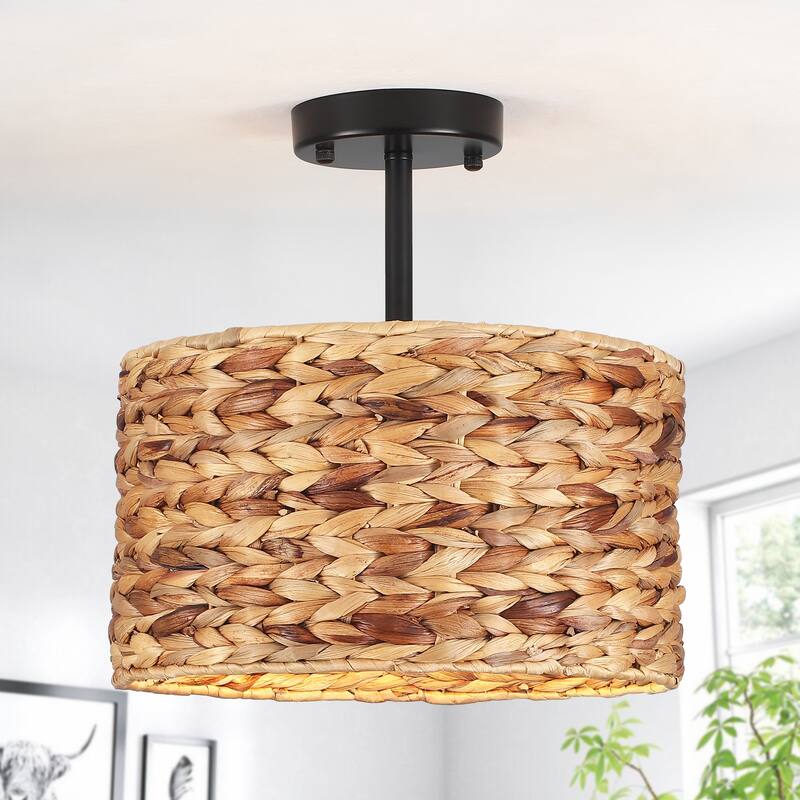 1-Light Semi-Flush Mount Lighting with Drum Shade, Classic Semi Flush Mount Chandelier for Living Room Kitchen Dining Foyer - Brown