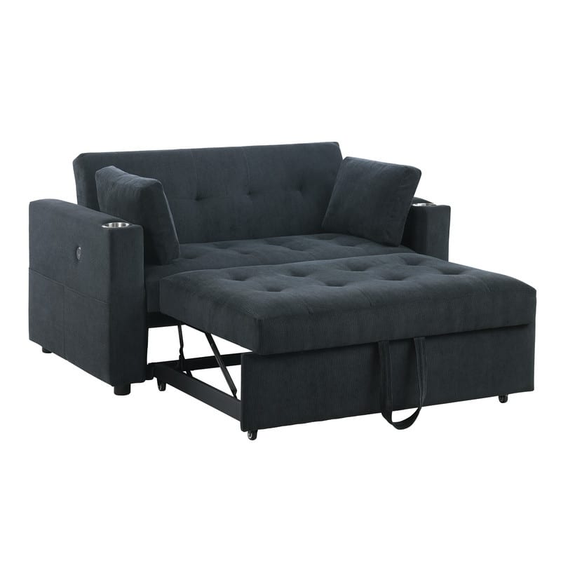 Luelle 57"W Corduroy Convertible Sleeper Loveseat with Cupholders, USB Ports, Magazine Pockets, Pillows, Tufting