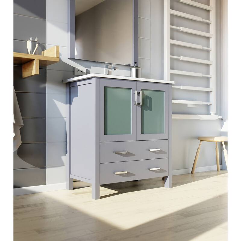 Bathroom Vanity with Ceramic Top, 28" x 32" Mirror, Soft Close Cabinet & Drawers, Scratch & Stain Resistant
