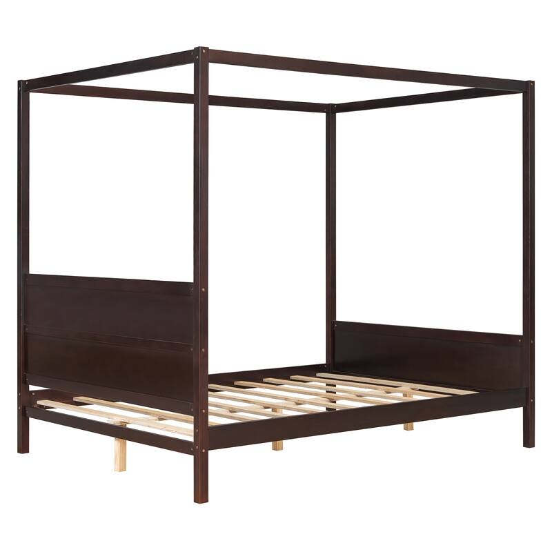 Queen Size Canopy Platform Bed with Headboard, Footboard, and Slat Support in Espresso