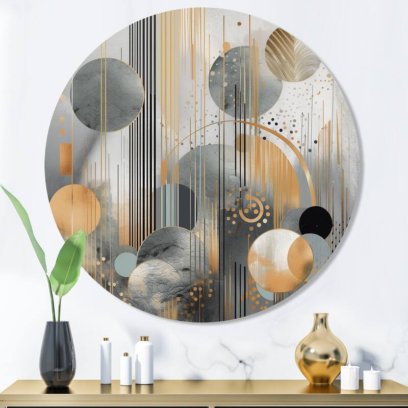 Designart "Abstract Shapes And Lines II" Abstract Marble Metal Round Wall Art - 36x36 - Disc of 36 Inch