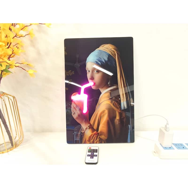 Neon Style LED Wall Art - Girl with a Pearl Earring Acrylic Print with Lighted Drink Effect
