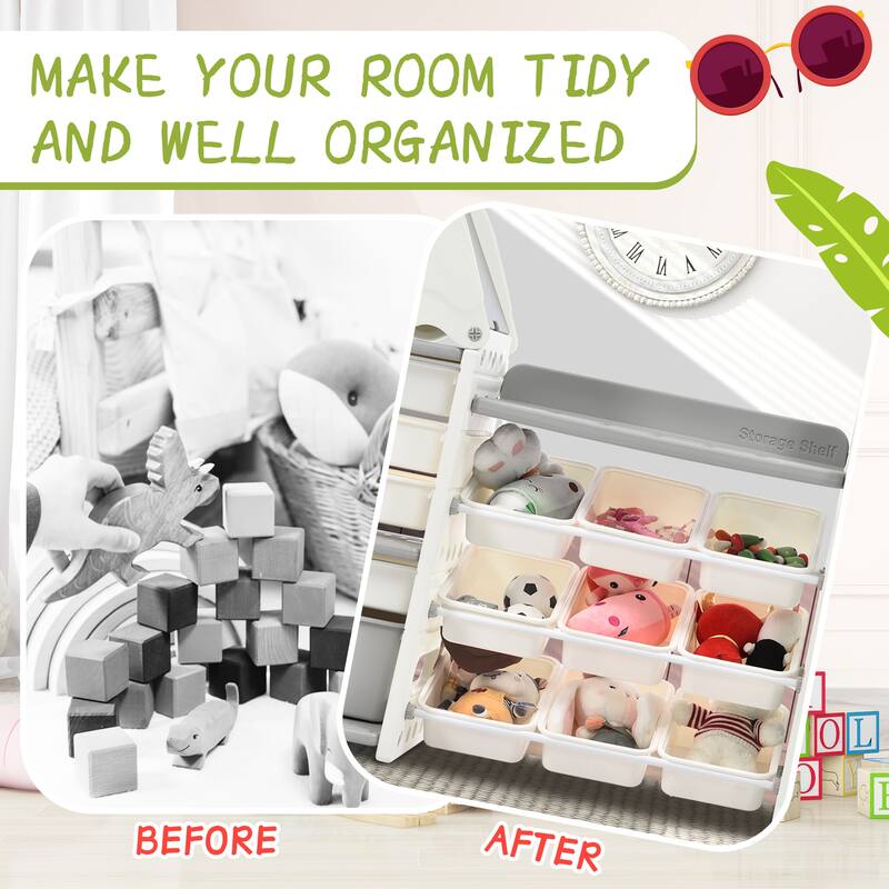 Kids Toy Storage Organizer with 14 Bins, Nursery Organizer Cabinet Unit with HDPE Shelf and Bins for Bedroom, Living Room
