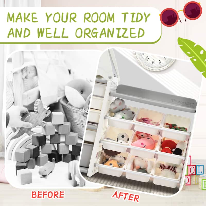 Roomfitters Bookshelf Organizer with 17 Bins and 5 Shelves, Multi Functional Storage Cabinet for Home