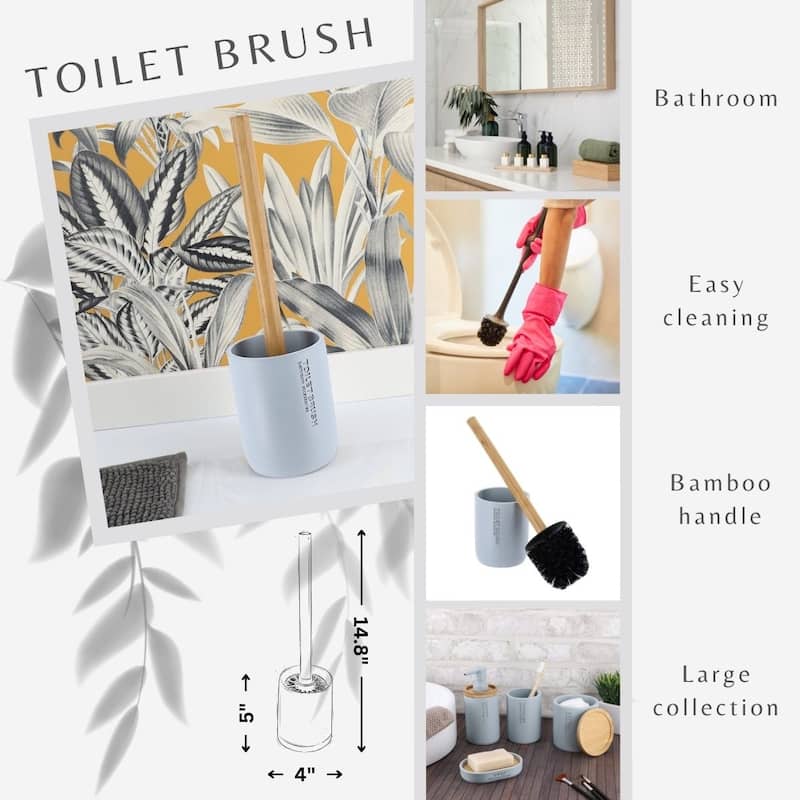 Chic Matte Toilet Brush Holder Set with Natural Bamboo Handle - 4 L x 4 W x 14.8 H