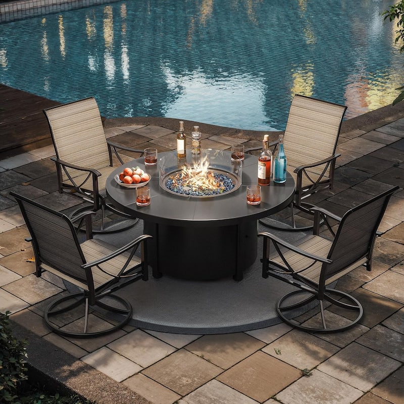 Kullavik Textilene Chairs and Round Gas Fire Pit Table, Outdoor Patio Furniture Set