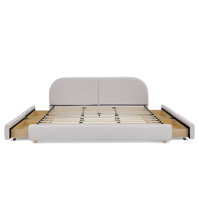 Fabric Upholstered Platform Bed Frame with Curved Headboard/4 Built-in Wheeled Storage Drawers/Sturdy Legs Support/Easy Assembly