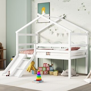 Luxuriant Twin Low Loft House Kids Bed with Slide,Ladder and Safety Guardrails,House Roof Frame