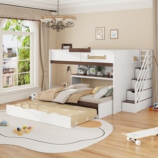 Full Over Full Bunk Bed with Twin Size Trundle and Staircase, Shelves ...